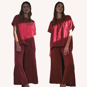 Lunya Washable Silk Oversized Tee & Pants Set Sz S in Maroon Pajama Set